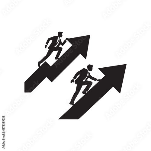 Two businessmen silhouettes competing on rising arrows for career advancement and growth