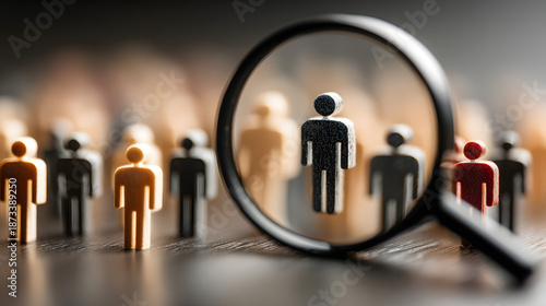 HRM or Human Resource Management, Magnifier glass focus to manager icon which is among staff icons for human development recruitment leadership and customer target. resume, interview. generate by AI