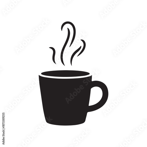 Minimalist black coffee cup silhouette with steam for cafe, breakfast, and hot drink concepts