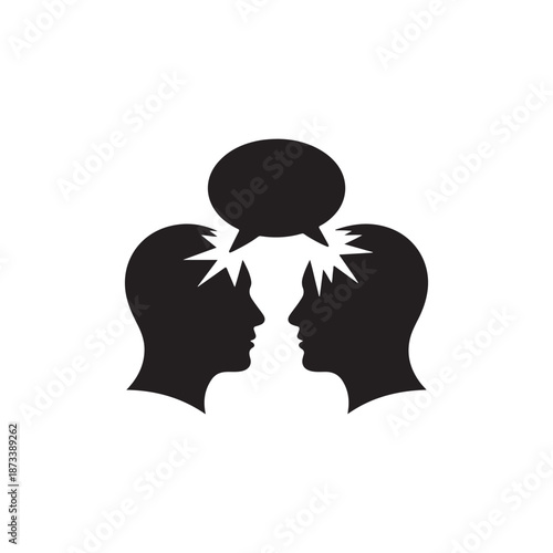 Two head silhouettes in conflict with a lightning bolt speech bubble for communication breakdown