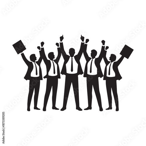 Group of businessmen silhouettes raising hands in celebration for team victory and success
