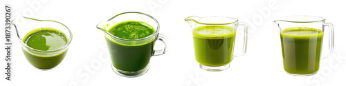 Measuring cup with green liquid – A measuring cup containing green juice or smoothie liquid often used for portioning or recipes. Isolated on Clear White Background Highly Detailed