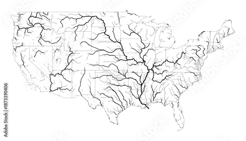 Vector Map of United States Major Rivers and State Borders High Detail Geography Chart for Education and Textbooks Showing Mississippi Missouri and Waterways Black and White Outline