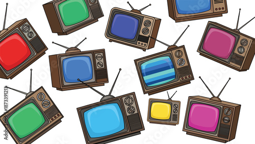 Dynamic arrangement of vintage pixel art televisions with vibrant, varied screens, creating a playful and nostalgic backdrop.