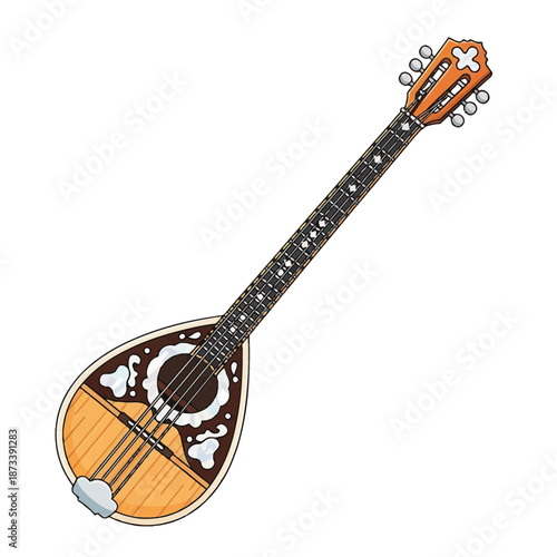 Vector illustration of a traditional stringed musical instrument, bouzouki, against a clean white background