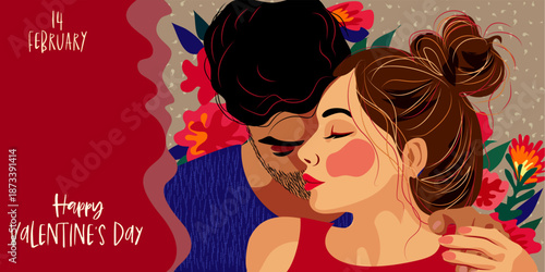 Valentines Day cute Romantic greeting card or poster. Man and woman.