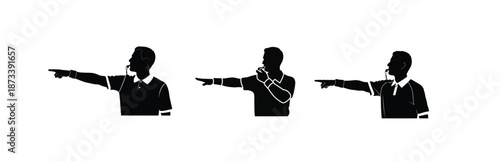 Football Referee Pointing Direction with Whistle Silhouette Vector Black silhouette of a football referee blowing a whistle and pointing direction. Clean EPS vector illustration, flat minimalist 
