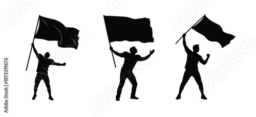 Football Fan Holding Flag Silhouette Vector Illustration
Black silhouette of a football spectator holding a flag. Minimal flat EPS vector design, isolated on white background, perfect for fan, crowd, 