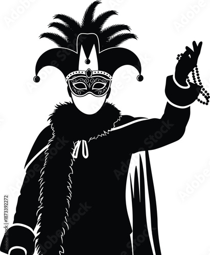 Mardi Gras Masquerade Reveler Illustration, Silhouette, Vector, Line Art