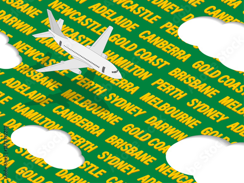 Air travel Australia background. International airports in Australian cities, major travel destinations. Isometric vector Illustration, national colours of Australia.
