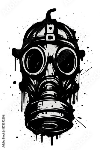 Black and white gas mask illustration on dark background