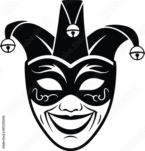 Mardi Gras Smiling Jester Mask Illustration, Silhouette, Vector, Line Art