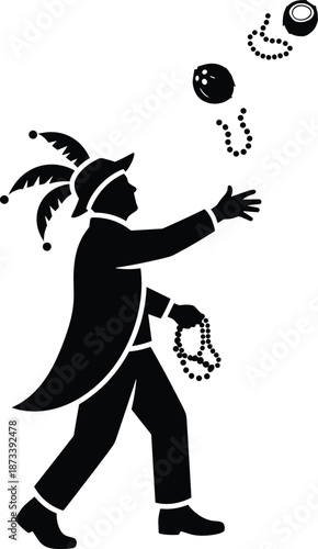 Mardi Gras Zulu Coconut Juggler Illustration, Silhouette, Vector, Line Art