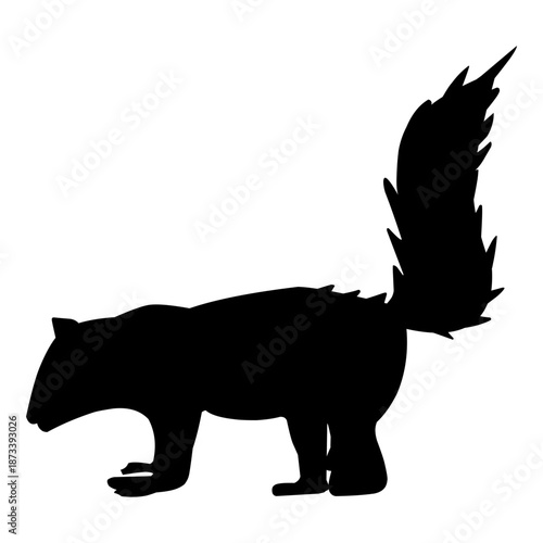 A black silhouette of a standing animal with a bushy tail is walking on a plain background.
