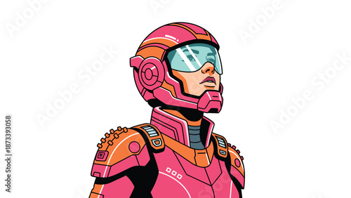 Futuristic female character in a vibrant pink and orange armored suit with a clear visor, looking upwards with a determined expression.