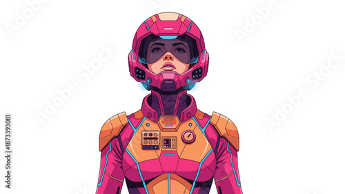 Striking image of a futuristic woman in a detailed pink and orange armored helmet and suit, looking directly forward with confidence.