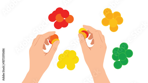 Child's hands engaged in sorting colorful round discs into distinct piles, showcasing early learning and organizational skills.