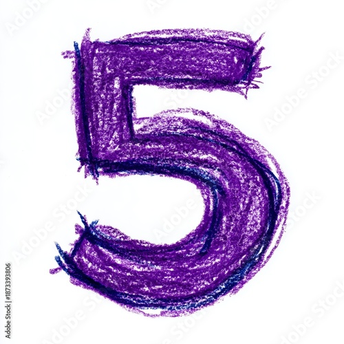 Hand-Drawn Number 5 in Purple and Black Crayon