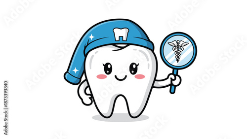 Adorable cartoon tooth character wearing a blue sleeping cap and holding a dental mirror with a caduceus symbol, promoting dental health.