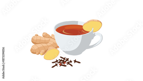 Comforting cup of ginger tea, garnished with fresh ginger slices and whole cloves, highlighting its warming and health benefits.