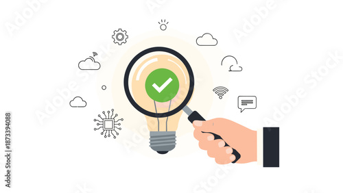 Creative illustration of a hand holding a magnifying glass over a glowing lightbulb with a green checkmark, representing verified ideas and successful solutions.