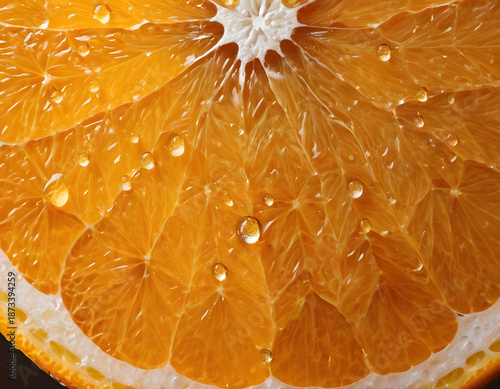 Extreme Macro Close-Up of Fresh Orange Slice Texture with Water Drops