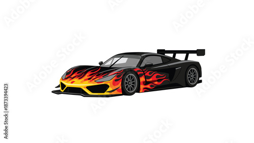 Striking pixel art illustration of a sleek black racing car adorned with intense orange and yellow flame decals, conveying raw power and speed.