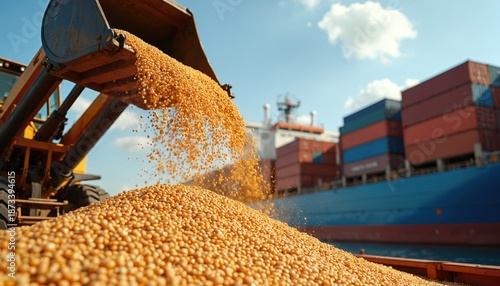 Loader pours soybeans into pile for ship loading. Bulk grain cargo transfer at port terminal with freighter. Agricultural product export logistics at harbor.