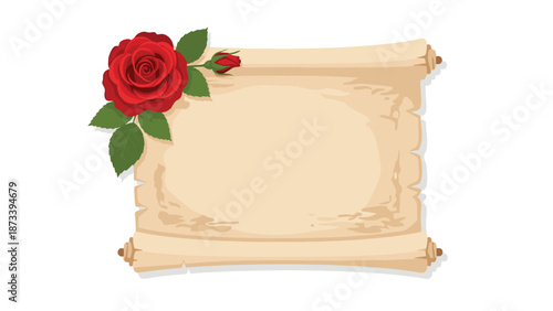 Charming vintage scroll with delicate curled edges, embellished with a single vibrant red rose, offering an elegant backdrop for special announcements.