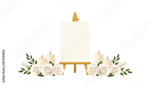 Elegant wooden easel holding a blank white canvas, surrounded by beautiful white roses and glowing candles, ideal for wedding or memorial events.