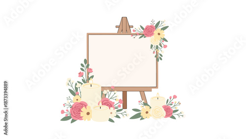 Charming wooden easel presenting a blank canvas, framed by a lovely arrangement of colorful flowers and warm glowing candles, suitable for celebrations.