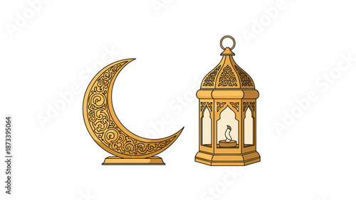 Striking golden crescent moon and a matching ornate Ramadan lantern with a subtle internal glow, perfect for Islamic cultural and holiday designs.