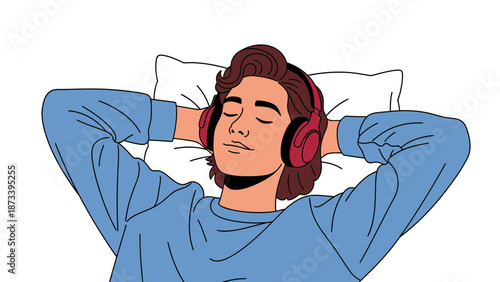 A man relaxing on a bed wearing headphones and enjoying music with his eyes closed