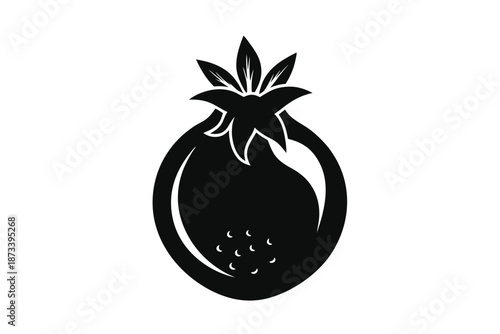 Pomegranate Fruit and Leaf Silhouette, Organic Food Graphic Design Element, Black and White Vector