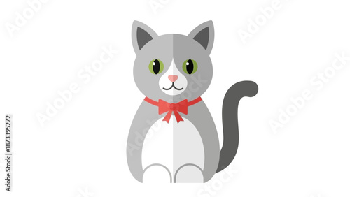 A cartoon cat with a red bow on a white background