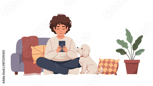 Peaceful domestic scene featuring a man sitting cross-legged on the floor, focused on his phone, with his beloved small dog.