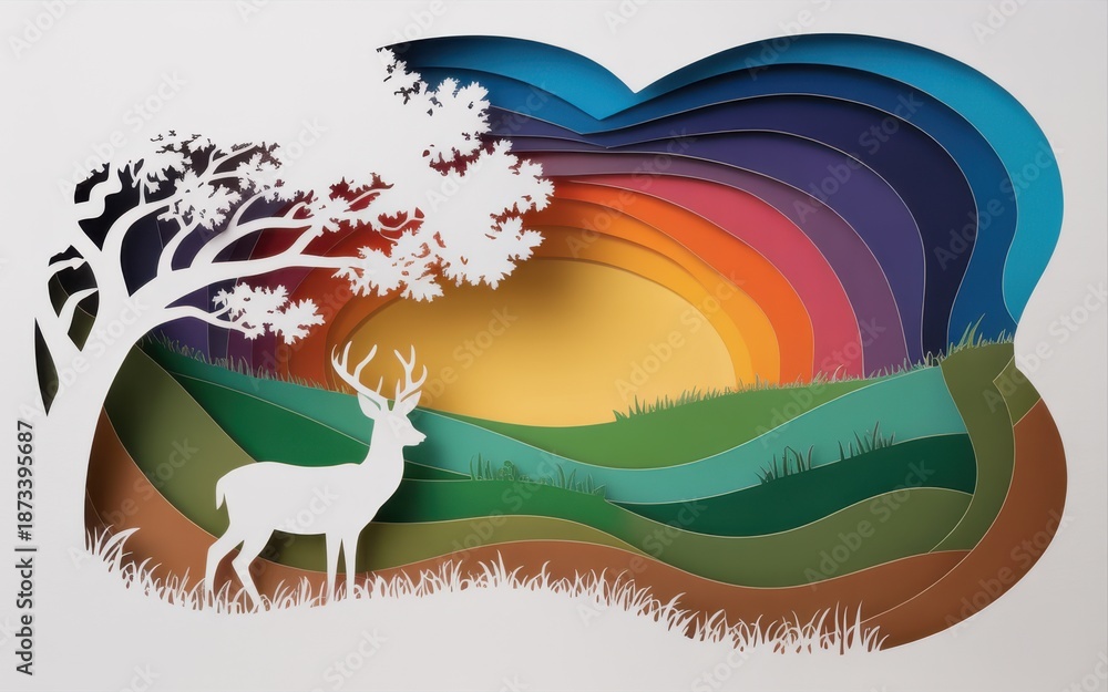 Fototapeta premium A serene deer stands under a tree with a vibrant rainbow landscape behind it