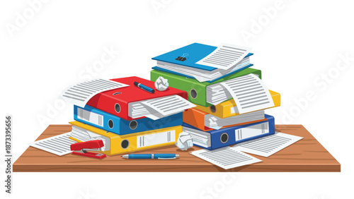 Managed stack of various colored folders and papers on a wooden desk, accompanied by essential office supplies, showing daily tasks.