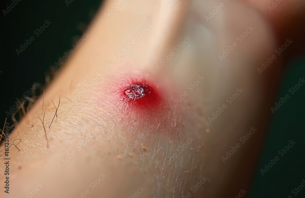 Fototapeta premium Closeup detail of human skin with mosquito bite. Red itchy mark on arm. Allergic reaction from bug. Inflammation. Medical photo of infection. Irritation on epidermis after insect sting.
