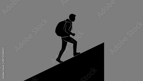 Man with Backpack Ascending a Steep Slope in a Simple Illustration