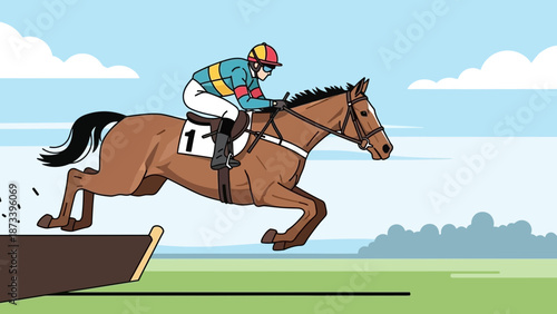 Jockey Riding Horse Over Obstacle on Green Field Illustration