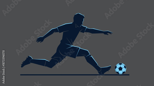 A soccer player kicking a ball with dynamic motion on a gray background