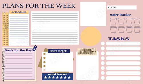 Weekly Planner Template With Water Tracker And Task List Vector.