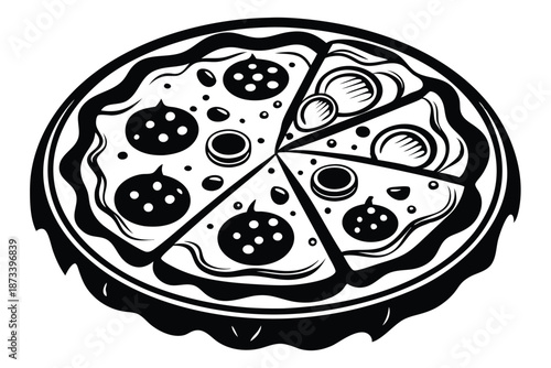 Delicious Pizza Slice Outline, Black and White Silhouette Vector for Food Illustration