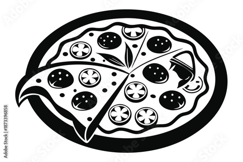 Traditional Italian Pizza Silhouette, Black and White Icon Isolated for Cafe Branding