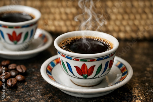 Ethiopian coffee served in small porcelain sini cups