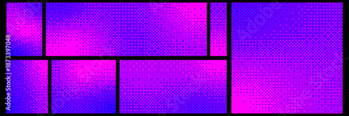 Pixelated bitmap texture set. Retro pixel art, glitch dither pattern. Leisure or arcade games duotone border frame. Modern Glitchy Halftone Pattern with Blue Dots on Magenta 8 bit background