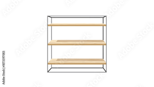 Simple and elegant modern shelving unit with a metal frame and natural wooden shelves, offering versatile storage and display options.