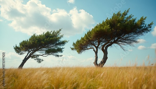Two trees lean in an open field under blue sky with some clouds. Grass sways gently in breeze creating peaceful scene. Nature scenic photo provides relaxing vibe.