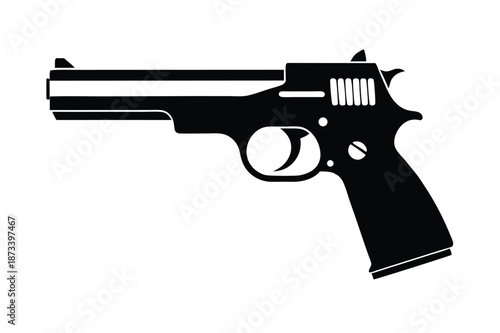 Black and White Silhouette of a Modern Semi-Automatic Pistol Handgun Isolated on White Background